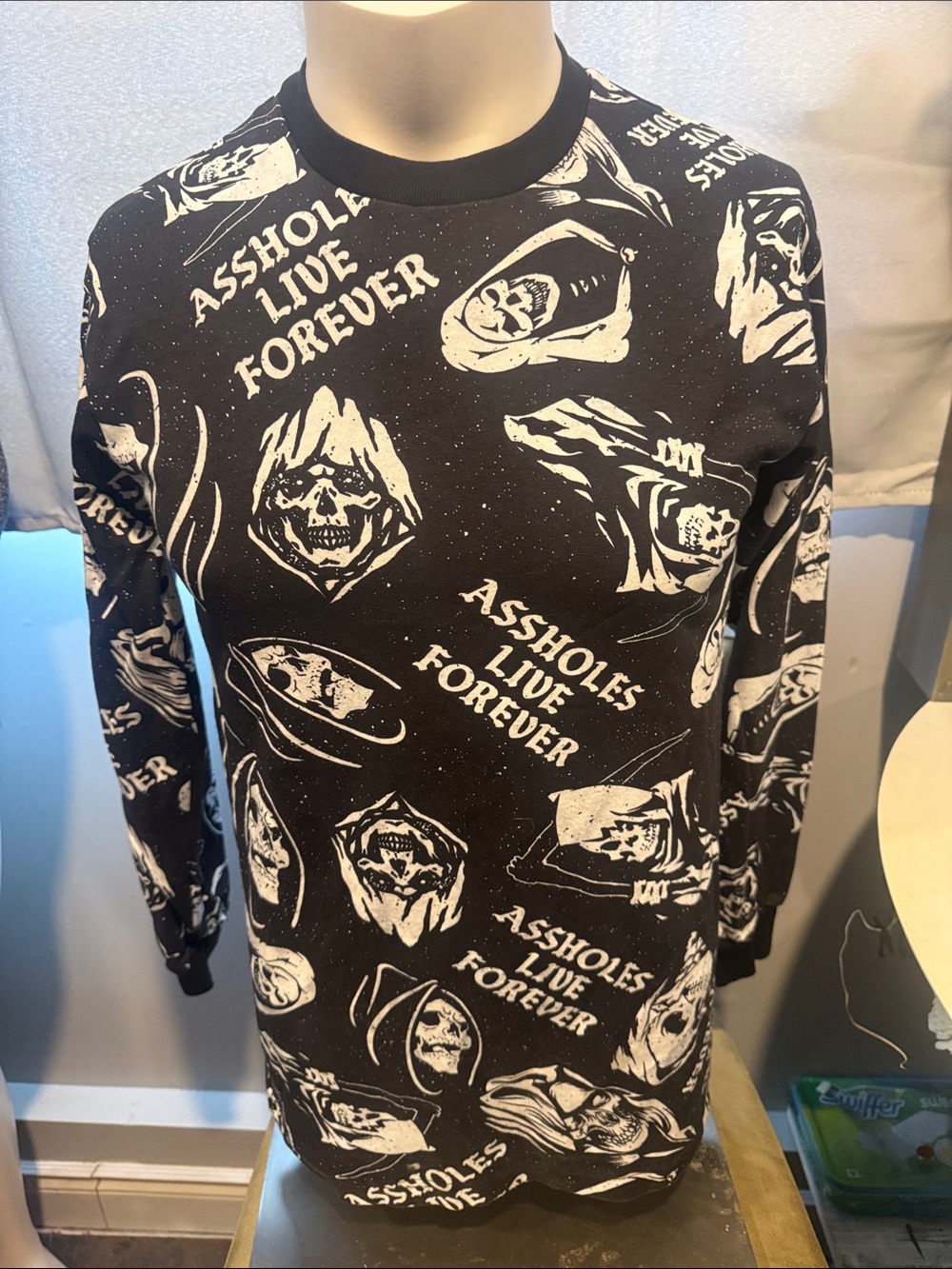 Black Sweatshirt Assholes Live Forever with White Skull & Text Print
